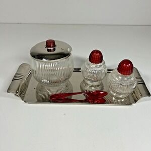 Vintage Deco Salt / Pepper / Covered Bowl / Tray Glass Condiment Set READ
